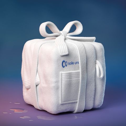 Weihnachtlich verpacktes Wellness-Geschenk mit dem Logo von sole uno auf einer weichen, weißen Frottier-Tasche vor blau-violettem Hintergrund.
